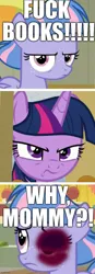 Size: 557x1608 | Tagged: semi-grimdark, derpibooru import, edit, edited screencap, screencap, twilight sparkle, wind sprint, pegasus, pony, common ground, abuse, abuse edit, angry, background pony strikes again, black eye, caption, child abuse, comic, downvote bait, female, foal abuse, frown, image, image macro, impact font, jpeg, mother and child, mother and daughter, op is a duck, op is trying to start shit, out of character, sprintbuse, text, vulgar