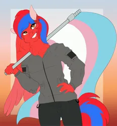 Size: 3805x4096 | Tagged: safe, artist:inisealga, derpibooru import, oc, oc:ivory flare, unofficial characters only, anthro, pony, abstract background, clothes, commission, female, gradient background, image, jpeg, mare, pride, pride flag, solo, transgender, transgender oc, transgender pride flag, ych result, your character here