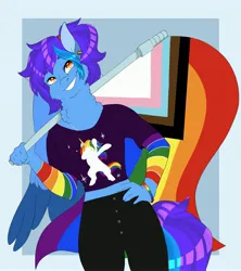 Size: 3643x4096 | Tagged: safe, artist:inisealga, derpibooru import, oc, oc:angley, unofficial characters only, anthro, pony, abstract background, clothes, commission, dab, female, gradient background, image, jpeg, mare, pride, pride flag, pride month, solo, ych result, your character here
