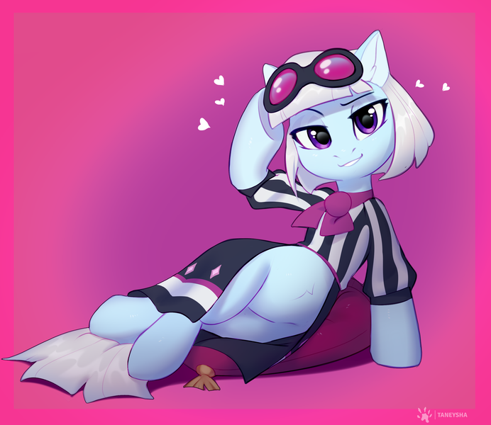 Size: 2780x2410 | Tagged: safe, artist:taneysha, derpibooru import, photo finish, earth pony, pony, clothes, draw me like one of your french girls, featureless crotch, female, glasses, heart, high res, image, looking at you, mare, pillow, pink background, png, simple background, solo