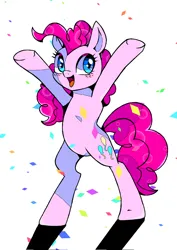 Size: 1448x2048 | Tagged: safe, artist:stacy_165cut, derpibooru import, pinkie pie, earth pony, bipedal, confetti, happy, image, jpeg, looking at you, open mouth, open smile, smiling, solo