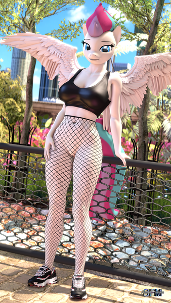 Size: 1080x1920 | Tagged: explicit, artist:anthroponiessfm, derpibooru import, zipp storm, anthro, pegasus, g5, 3d, bottomless, breasts, busty zipp storm, clothes, female, fishnet pantyhose, fishnets, image, latex, latex bra, looking at you, park, partial nudity, png, sexy, shoes, solo, solo female, source filmmaker