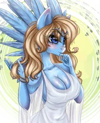 Size: 4532x5584 | Tagged: suggestive, artist:agleo, derpibooru import, oc, oc:lusty symphony, unofficial characters only, anthro, pegasus, absolute cleavage, abstract background, anthro oc, beautiful, belly button, big breasts, blushing, breasts, busty oc, cleavage, clothes, female, huge breasts, image, jpeg, see-through, sideboob, skimpy outfit, smiling, solo, white dress