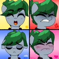 Size: 1600x1600 | Tagged: safe, artist:yamston, derpibooru import, oc, oc:odia bleak, unofficial characters only, earth pony, pony, fanfic:living the dream, 2023, angry, blushing, expressions, eyes closed, fanfic art, female, frown, green mane, hair bun, happy, image, magical lesbian spawn, mare, offspring, parent:oc:babel yarn, parent:oc:roxxy bleak, png, sad, smiling, solo, sweat