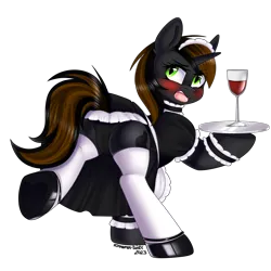 Size: 1500x1500 | Tagged: suggestive, artist:xcinnamon-twistx, derpibooru import, edit, oc, oc:catrina mewale, cat, cat pony, original species, pony, unicorn, alcohol, angry, apron, blushing, clothes, collar, cuffs, dialogue, dialogue box, fangs, frills, frilly underwear, glass, image, maid, maid headdress, panties, plate, png, shoes, simple background, socks, stockings, text, thigh highs, transparent background, tsundere, underwear, wine, wine glass