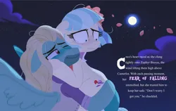 Size: 7113x4500 | Tagged: safe, artist:bearmation, derpibooru import, coco pommel, zephyr breeze, earth pony, pegasus, pony, absurd file size, absurd resolution, carrying, cocobreeze, crack shipping, duo, female, floppy ears, flower petals, flying, full moon, holding a pony, image, looking down, loose hair, male, mare, moon, nervous, night, one eye closed, png, shipping, stallion, story included, straight, text, wavy mouth