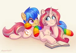Size: 2012x1405 | Tagged: safe, artist:skysorbett, derpibooru import, oc, oc:dashka bun, oc:eclair winglain, unofficial characters only, pony, unicorn, book, chest fluff, clothes, duo, duo female, female, image, lying down, png, rainbow socks, smiling, socks, striped socks, two toned mane