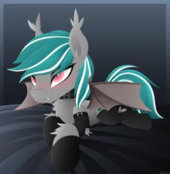 Size: 3250x3327 | Tagged: safe, artist:andaluce, derpibooru import, oc, oc:malachite cluster, bat pony, pony, bedroom eyes, blushing, chest fluff, clothes, collar, cute, ear fluff, fluffy, hockless socks, image, lineless, looking up, male, partially open wings, png, socks, solo, solo male, stallion, wings