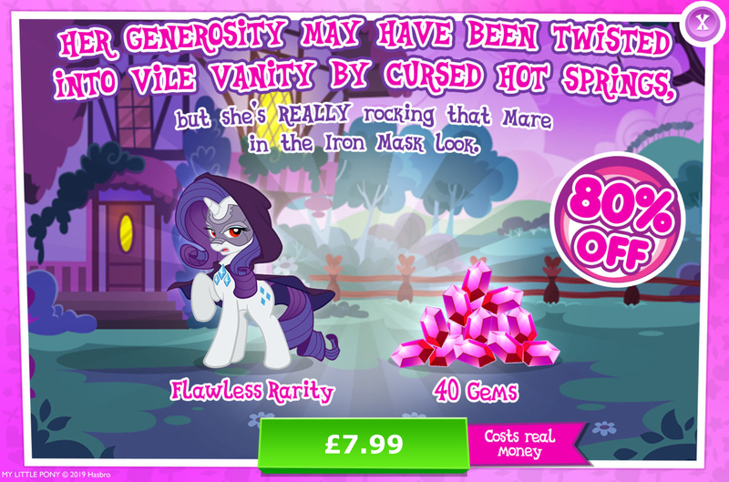 Size: 1961x1296 | Tagged: safe, derpibooru import, idw, official, rarity, pony, unicorn, advertisement, cloak, clothes, costs real money, doctor doomity, english, female, gameloft, gem, horn, idw showified, image, jpeg, mare, mask, mobile game, my little pony: magic princess, numbers, sale, solo, solo focus, text