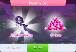 Size: 1270x856 | Tagged: safe, derpibooru import, idw, official, rarity, pony, unicorn, bundle, cloak, clothes, costs real money, doctor doomity, english, female, gameloft, gem, horn, idw showified, image, jpeg, mare, mask, mobile game, my little pony: magic princess, numbers, sale, solo, solo focus, text