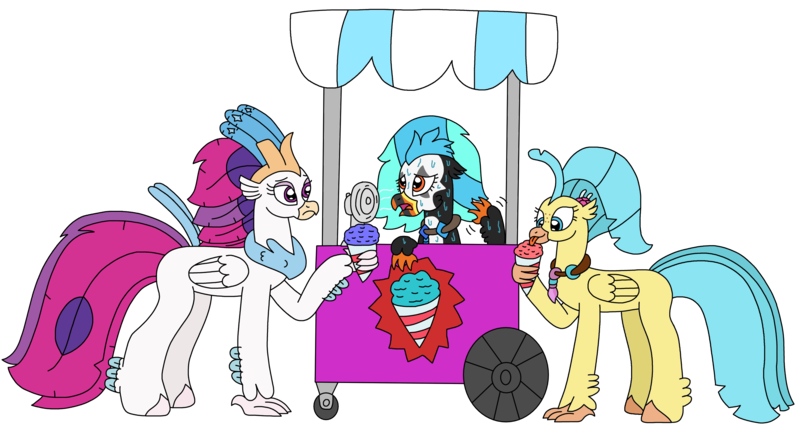 Size: 3164x1709 | Tagged: safe, artist:supahdonarudo, derpibooru import, princess skystar, queen novo, oc, oc:icebeak, classical hippogriff, hippogriff, my little pony: the movie, atg 2023, concerned, fan, fanning, food, holding, hot, image, jewelry, necklace, newbie artist training grounds, png, simple background, snowcone, sweat, tongue out, transparent background