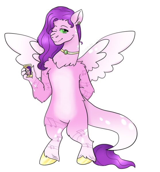 Size: 1114x1200 | Tagged: safe, artist:blossomsweetss, derpibooru import, pipp petals, draconequus, g5, draconequified, female, image, jpeg, mobile phone, phone, smartphone, solo, species swap