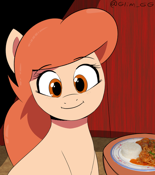 Size: 1394x1569 | Tagged: safe, artist:glim_gg, derpibooru import, oc, oc:angie, unofficial characters only, pony, cute, food, image, looking at you, meat, ocbetes, png, smiling