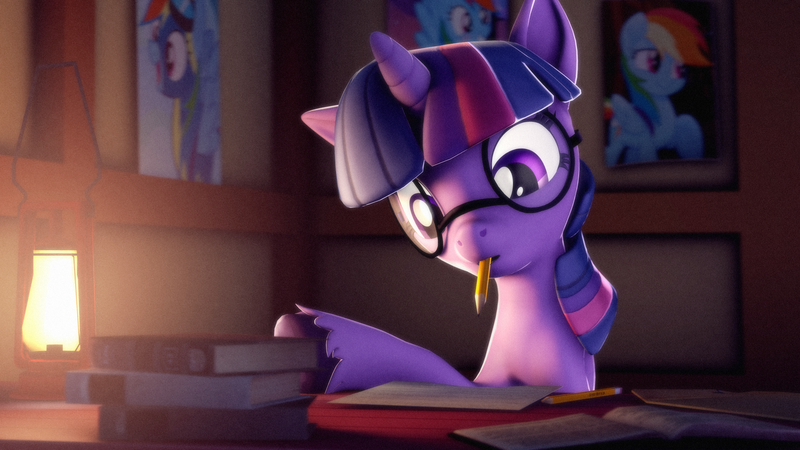 Size: 3840x2160 | Tagged: safe, artist:psfmer, derpibooru import, rainbow dash, twilight sparkle, pony, unicorn, 3d, book, dear princess celestia, female, glasses, image, implied lesbian, implied shipping, implied twidash, mare, mouth hold, pencil, picture, png, revamped ponies, round glasses, solo, source filmmaker, unicorn twilight, unshorn fetlocks