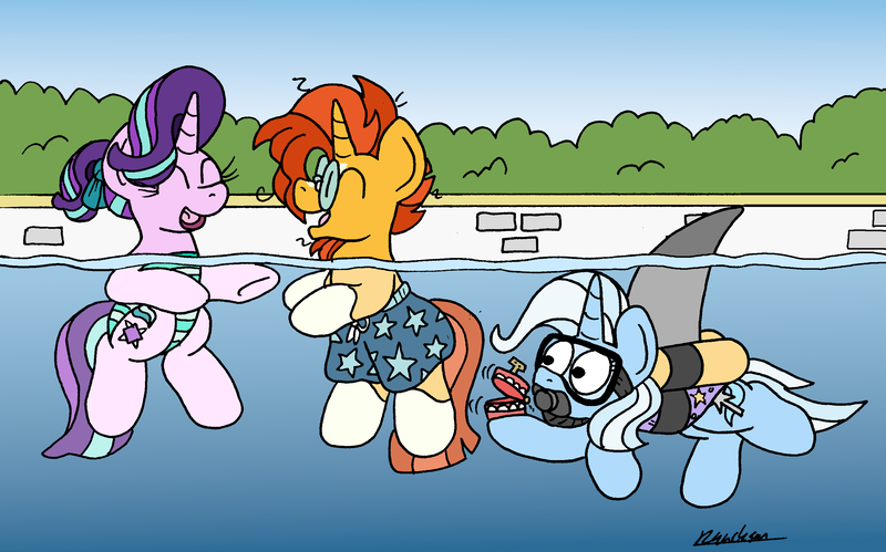 Size: 2859x1785 | Tagged: safe, artist:bobthedalek, derpibooru import, starlight glimmer, sunburst, trixie, pony, unicorn, atg 2023, clothes, female, happy, image, imminent pain, inconvenient trixie, male, mare, newbie artist training grounds, png, prank, scuba gear, shark fin, stallion, swimming, swimsuit, teeth, this will end in pain, this will not end well, underwater, water