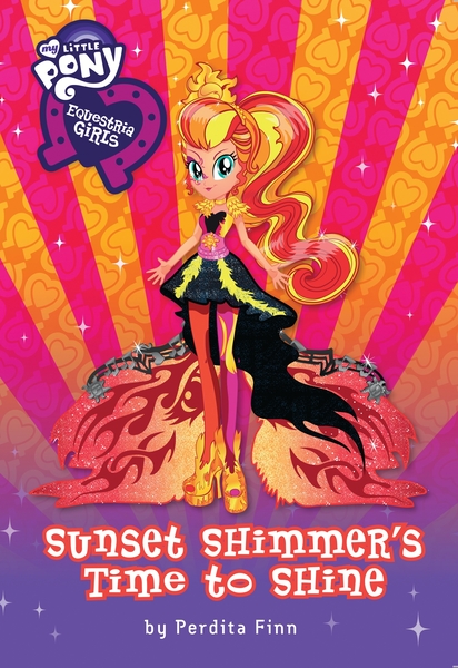 Size: 1709x2486 | Tagged: safe, derpibooru import, official, sunset shimmer, equestria girls, sunset shimmer's time to shine, alternate hairstyle, book, book cover, boots, clothes, cover, cutie mark, cutie mark on clothes, female, hasbro, high heel boots, image, jpeg, logo, music notes, perdita finn, ponytail, rainbow rocks outfit, shoes, solo, stock vector