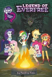 Size: 1686x2475 | Tagged: safe, derpibooru import, official, applejack, fluttershy, gaea everfree, pinkie pie, rainbow dash, rarity, sci-twi, sunset shimmer, twilight sparkle, human, equestria girls, legend of everfree, book cover, boots, camp everfree outfits, campfire, clothes, cover, cowboy hat, denim, denim skirt, equestria girls logo, everfree forest, female, fire, flashlight (object), food, frown, hat, humane five, humane seven, humane six, image, jeans, jpeg, legend of everfree (book), marshmallow, pants, perdita finn, poster, real gaea everfree, scared, shoes, shorts, skirt, smiling, sneakers, socks, spoiler, stetson