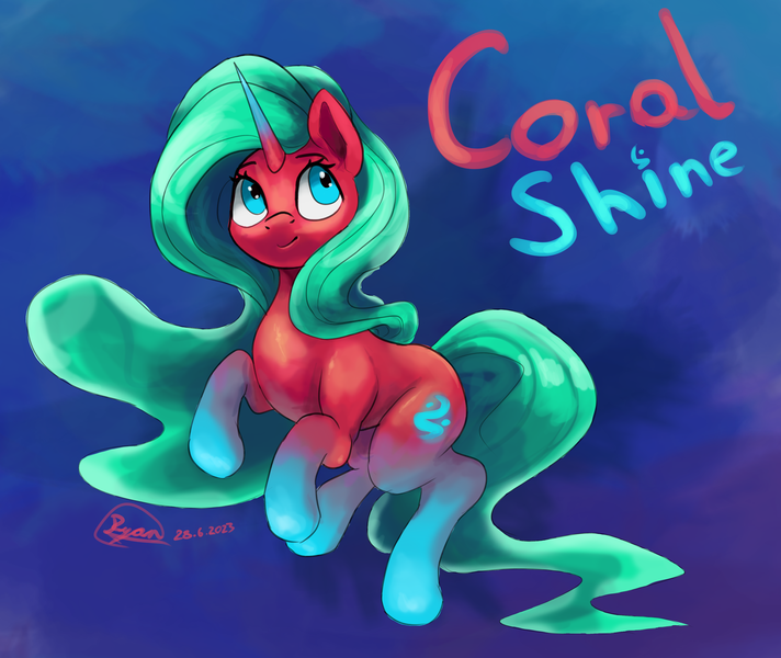 Size: 3603x3035 | Tagged: safe, artist:ryanmandraws, derpibooru import, oc, oc:coral shine, unofficial characters only, pony, unicorn, colorful, cute, female, glow, image, long hair, mare, ocean, png, water