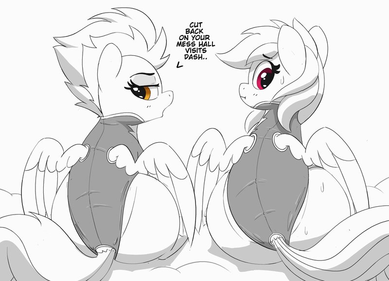 Size: 4096x2965 | Tagged: suggestive, artist:pabbley, derpibooru import, rainbow dash, spitfire, pegasus, pony, butt, chubby, clothes, dialogue, duo, duo female, female, females only, firebutt, high res, hypocritical humor, image, implied weight gain, jpeg, large butt, looking back, monochrome, open mouth, plot, plump, rainbutt dash, simple background, sketch, sweat, sweatdrop, text, uniform, white background, wonderbolts uniform