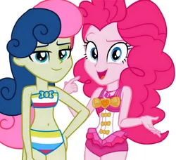Size: 1899x1733 | Tagged: suggestive, derpibooru import, idw, bon bon, pinkie pie, sweetie drops, equestria girls, friends forever, spoiler:comic, beautiful, bikini, caption, clothes, image, image macro, png, seductive, sexy, simple background, swimsuit, text, white background