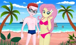 Size: 4096x2414 | Tagged: suggestive, derpibooru import, fluttershy, human, equestria girls, spoiler:comic, beach, bikini, caption, clothes, couple, image, image macro, love, nicholas wizard, png, romantic, shipping, summer, swimming trunks, swimsuit, text, vacation