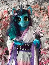 Size: 902x1200 | Tagged: safe, artist:essorille, derpibooru import, anthro, g5, beautiful, clothes, fan, fursuit, hand fan, image, jpeg, kimono (clothing), misty brightdawn, solo