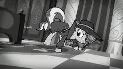 Size: 600x338 | Tagged: safe, artist:noikincade67, derpibooru import, sunset shimmer, unicorn, rarity investigates, black and white, clothes, detective, detective shimmer, fedora, grayscale, hat, image, magnifying glass, monochrome, noir, png, solo, trenchcoat