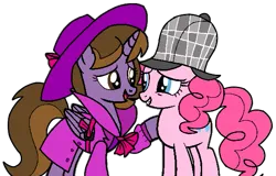 Size: 587x375 | Tagged: safe, artist:noikincade67, derpibooru import, pinkie pie, oc, oc:princess kincade, alicorn, earth pony, pony, clothes, deerstalker, detective, duo, duo female, fedora, female, hat, image, png, sherlock pie, simple background, transparent background, trenchcoat