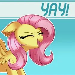 Size: 4000x4000 | Tagged: safe, artist:confetticakez, derpibooru import, fluttershy, pegasus, pony, cute, ear fluff, eyes closed, gradient background, high res, image, jpeg, open mouth, open smile, shyabetes, smiling, solo, yay