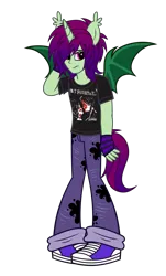 Size: 2050x3388 | Tagged: safe, artist:mxmx fw, derpibooru import, oc, oc:midnight ray, human, equestria girls, bat wings, clothes, converse, denim, distressed, ear fluff, emo, equestria girls 10th anniversary, eyeliner, fangs, frown, gloves, hair over one eye, horn, horned humanization, humanized, image, jeans, makeup, male, my chemical romance, paint, paint splatter, pants, png, ponied up, sad, shirt, shoes, show accurate, shy, simple background, solo, spread wings, tail, transparent background, wings