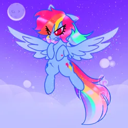 Size: 1354x1354 | Tagged: safe, artist:cutiesparke, derpibooru import, rainbow dash, pegasus, pony, alternate design, alternate hairstyle, alternate universe, angry, annoyed, belly fluff, chest fluff, cloud, ethereal mane, female, flying, image, moon, png, saturated, snorting, solo, spread wings, starry mane, starry sky, starry tail, tail, wings