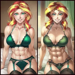Size: 3087x3087 | Tagged: suggestive, ai content, derpibooru import, editor:sammykun, machine learning generated, stable diffusion, sunset shimmer, human, equestria girls, abs, bed, bedroom, bedroom eyes, big breasts, bra, breasts, cleavage, clothes, collage, female, fetish, garter belt, garter straps, humanized, image, jpeg, legwear, lingerie, muscle fetish, muscles, muscular female, on bed, panties, pantyhose, prompter:sammykun, seduction, seductive, seductive look, seductive pose, sexy, sitting, smiling, socks, stupid sexy sunset shimmer, sunset lifter, teeth, thigh highs, underwear