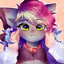 Size: 700x700 | Tagged: safe, artist:mas_on_, derpibooru import, oc, oc:blazey sketch, unofficial characters only, human, pony, blushing, bow, cheek squish, clothes, collar, hair bow, human on pony petting, image, multicolored hair, pet collar, petting, png, pony pet, simple background, solo, squishy cheeks, sweater