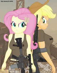 Size: 1080x1373 | Tagged: safe, artist:ah96, artist:edy_january, derpibooru import, editor:ah96, applejack, fluttershy, human, equestria girls, appleshy, assault rifle, breasts, busty applejack, busty fluttershy, call of duty, call of duty: modern warfare 2, clothes, duo, duo female, female, gun, handgun, image, lesbian, m16, m16a4, m1911, m4a1, marine, marines, military, military uniform, pistol, png, rifle, shipping, soldier, soldiers, solo, uniform, wallpaper, weapon