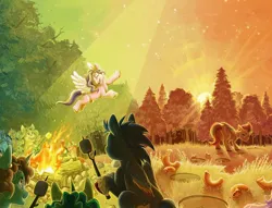 Size: 2668x2040 | Tagged: safe, artist:lightningstar1389, derpibooru import, edit, idw, official, pipp petals, zipp storm, earth pony, pegasus, pony, unicorn, g5, camp bighoof, campfire, comic, comic cover, eyes closed, flying, food, image, jewelry, jpeg, marshmallow, official comic, open mouth, open smile, smiling, wings