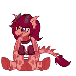 Size: 2045x2045 | Tagged: safe, artist:mxmx fw, derpibooru import, spike, oc, oc:flare blaze, dracony, dragon, hybrid, pony, barb, claws, clothes, fangs, female, folded wings, happy, horns, image, mare, png, rule 63, shirt, show accurate, simple background, sitting, smiling, solo, transparent background, wings