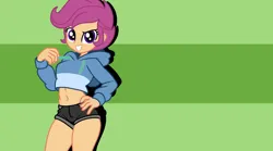 Size: 5400x3000 | Tagged: suggestive, artist:milkyboo898, derpibooru import, scootaloo, human, equestria girls, belly button, breasts, clothes, humanized, image, png, short hair, shorts, solo, stupid sexy scootaloo, wallpaper