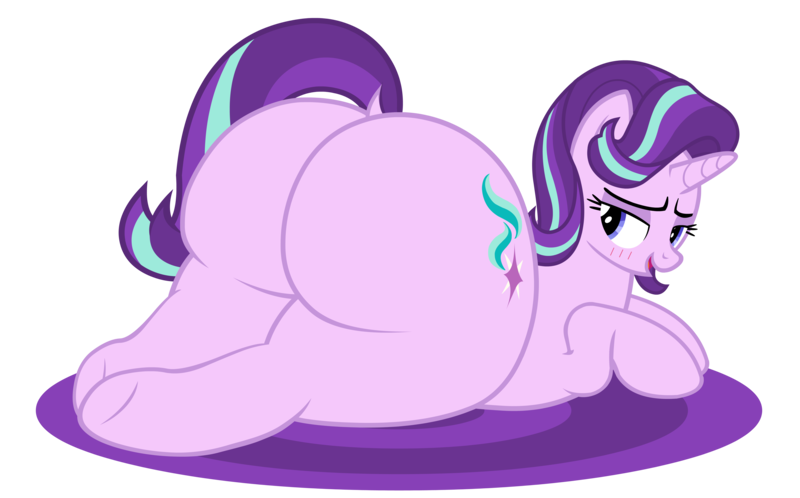 Size: 6462x4025 | Tagged: suggestive, artist:duskyzombie, derpibooru import, starlight glimmer, pony, unicorn, absurd resolution, bedroom eyes, butt, female, glimmer glutes, image, large butt, lidded eyes, looking back, lying down, mare, open mouth, plot, png, presenting, simple background, solo, the ass was fat, transparent background