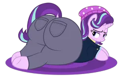 Size: 6462x4025 | Tagged: suggestive, alternate version, artist:duskyzombie, derpibooru import, starlight glimmer, pony, unicorn, absurd resolution, beanie, bedroom eyes, blushing, butt, clothes, denim, female, glimmer glutes, hat, image, jeans, large butt, lidded eyes, looking back, lying down, mare, pants, plot, png, presenting, simple background, smug, solo, the ass was fat, transparent background