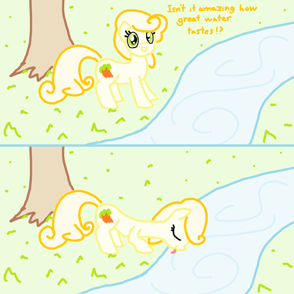 Size: 1000x1000 | Tagged: safe, artist:purblehoers, derpibooru import, carrot top, golden harvest, earth pony, pony, 2 panel comic, comic, drinking, excited, eyes closed, female, grass, happy, image, leaning forward, looking at you, mare, ms paint, png, river, smiling, solo, standing, stream, text, tongue out, tree, water