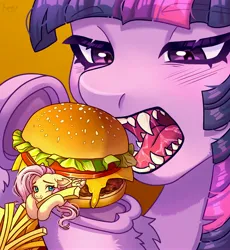 Size: 3765x4096 | Tagged: suggestive, artist:konejo, derpibooru import, fluttershy, twilight sparkle, pegasus, pony, blushing, burger, eating, fangs, food, french fries, hoof hold, image, imminent vore, jpeg, meat, omnivore, omnivore twilight, open mouth, ponies eating meat, ponies in food, sharp teeth, size difference, teeth, tiny, tiny ponies, twilight burgkle, vore