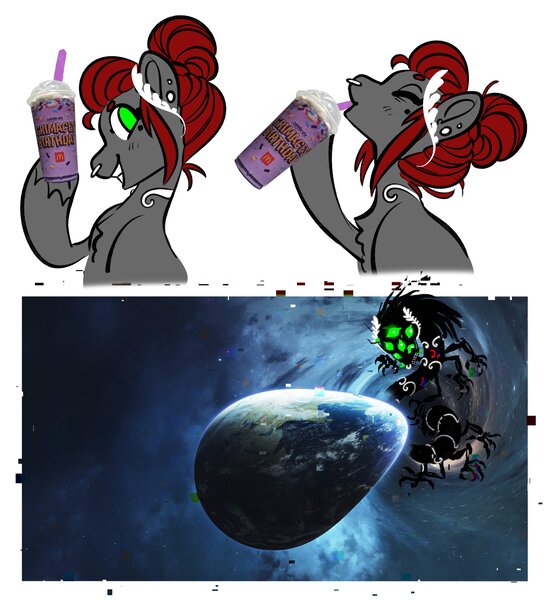 Size: 2724x2986 | Tagged: safe, artist:opalacorn, derpibooru import, oc, oc:void, unofficial characters only, pegasus, pony, black hole, comic, drink, drinking, ear piercing, earring, female, grimace shake, grin, hoof hold, image, jewelry, jpeg, laurel, mare, meme, milkshake, multiple eyes, no pupils, nose piercing, nose ring, piercing, simple background, smiling, solo, white background