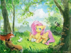 Size: 1280x954 | Tagged: safe, artist:laymy, derpibooru import, fluttershy, bird, fox, pegasus, pony, rabbit, animal, female, floppy ears, forest, image, jpeg, lying down, mare, prone, smiling, solo, traditional art, tree