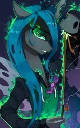 Size: 1280x2041 | Tagged: safe, artist:astralblues, derpibooru import, queen chrysalis, changeling, changeling queen, female, fire, green fire, image, jpeg, wand