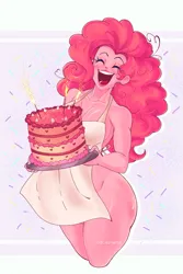 Size: 1333x1992 | Tagged: suggestive, artist:lazy-ale, derpibooru import, pinkie pie, human, equestria girls, apron, birthday cake, breasts, busty pinkie pie, cake, cleavage, clothes, confetti, eye clipping through hair, eyes closed, female, food, image, jpeg, naked apron, open mouth, open smile, partial nudity, smiling, solo, solo female, sparkler (firework), wide hips