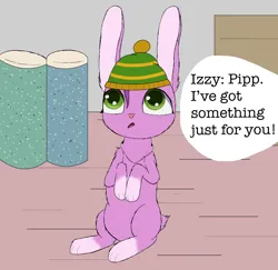Size: 1700x1650 | Tagged: safe, artist:stormy hooves, derpibooru import, part of a set, pipp petals, rabbit, series:bunny pipp, g5, alert, alternate hairstyle, animal, awe, beanie, bottle, box, bunnified, derpibooru exclusive, dialogue, dilated pupils, ears up, female, glitter, hat, image, implied izzy moonbow, looking at someone, looking at something, open mouth, part of a series, png, solo, species swap, standing on two paws