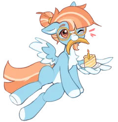 Size: 1280x1336 | Tagged: safe, artist:astralblues, derpibooru import, oc, oc:solstice breeze, pony, banana, cake, food, glasses, image, male, one eye closed, png, solo, stallion, wing hands, wings, wink