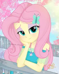 Size: 598x748 | Tagged: safe, artist:fluttershy_art.nurul, derpibooru import, fluttershy, butterfly, human, insect, equestria girls, angelic, art, beautiful, beautiful eyes, butterfly hairpin, cherry blossoms, cute, eyeshadow, fanart, flower, flower blossom, flutter, fluttershy boho dress, geode of fauna, hairpin, ibispaint x, image, japanese, looking at you, magical geodes, makeup, moon runes, photo, pink hair, png, shyabetes, solo, spring, tokyo, wholesome