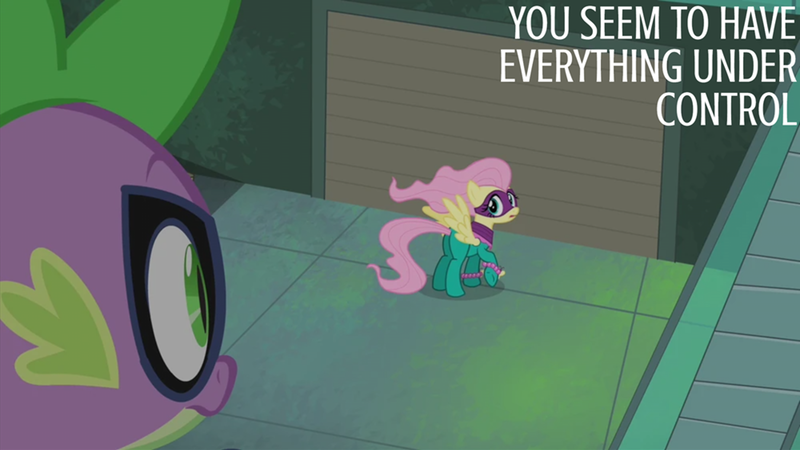 Size: 2000x1125 | Tagged: safe, derpibooru import, edit, edited screencap, editor:quoterific, screencap, fluttershy, humdrum, saddle rager, spike, power ponies (episode), image, png, power ponies