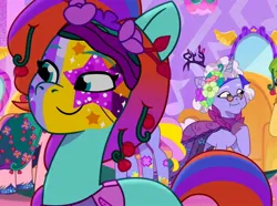 Size: 1538x1144 | Tagged: safe, derpibooru import, screencap, earth pony, pony, g5, my little pony: tell your tale, spoiler:tyts01e55, berry, bridlewoodstock (tell your tale), chair, cropped, dye, face paint, female, floral head wreath, flower, food, image, jazz hooves, jpeg, makeup, mare, mirror, smiling, solo focus, stiff in mane